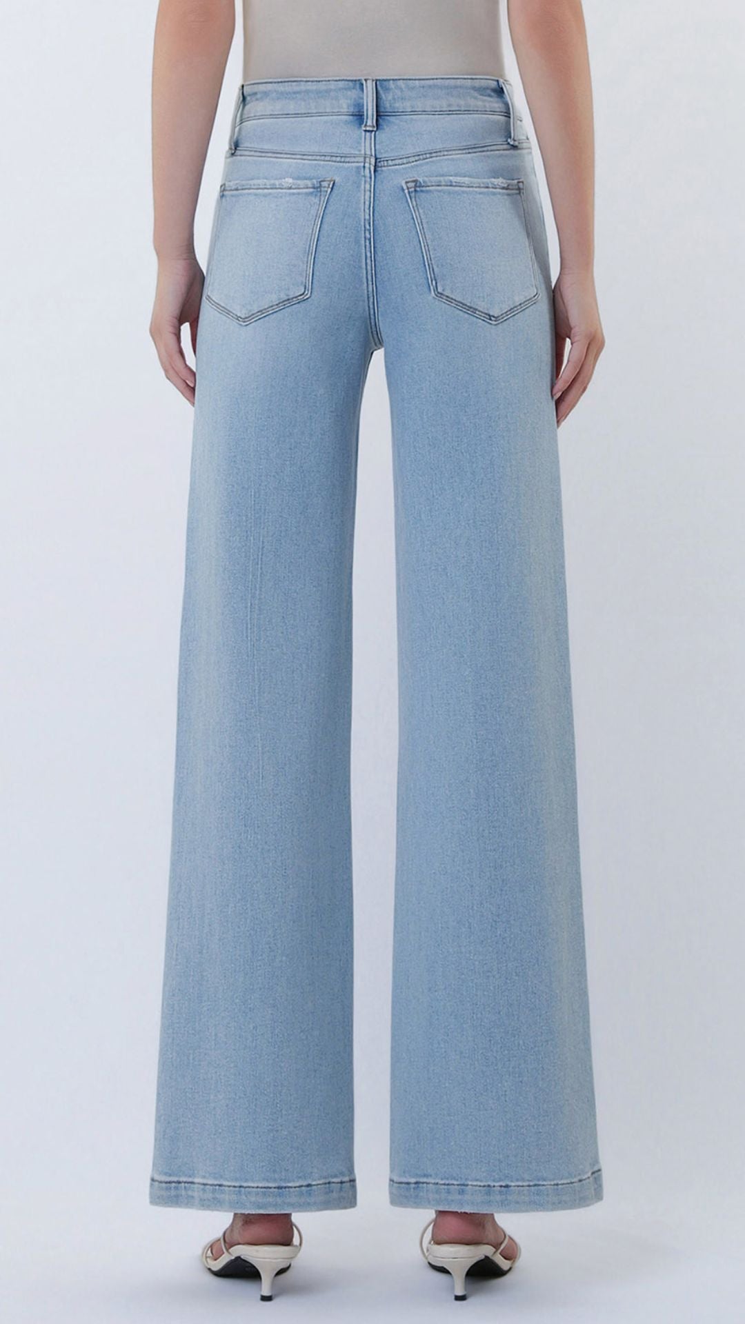 High Rise Light Wash Full Length Cut Seam Detail Wide Jeans