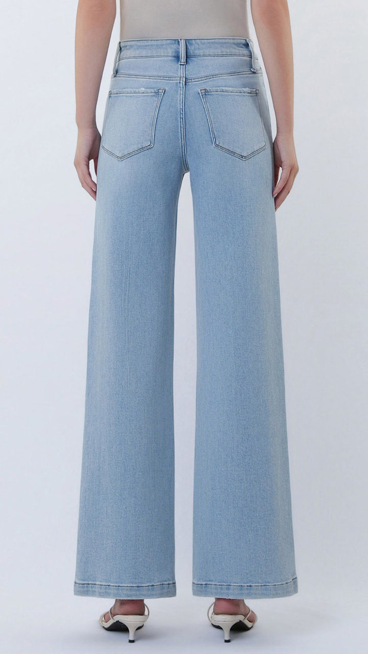 High Rise Light Wash Full Length Cut Seam Detail Wide Jeans