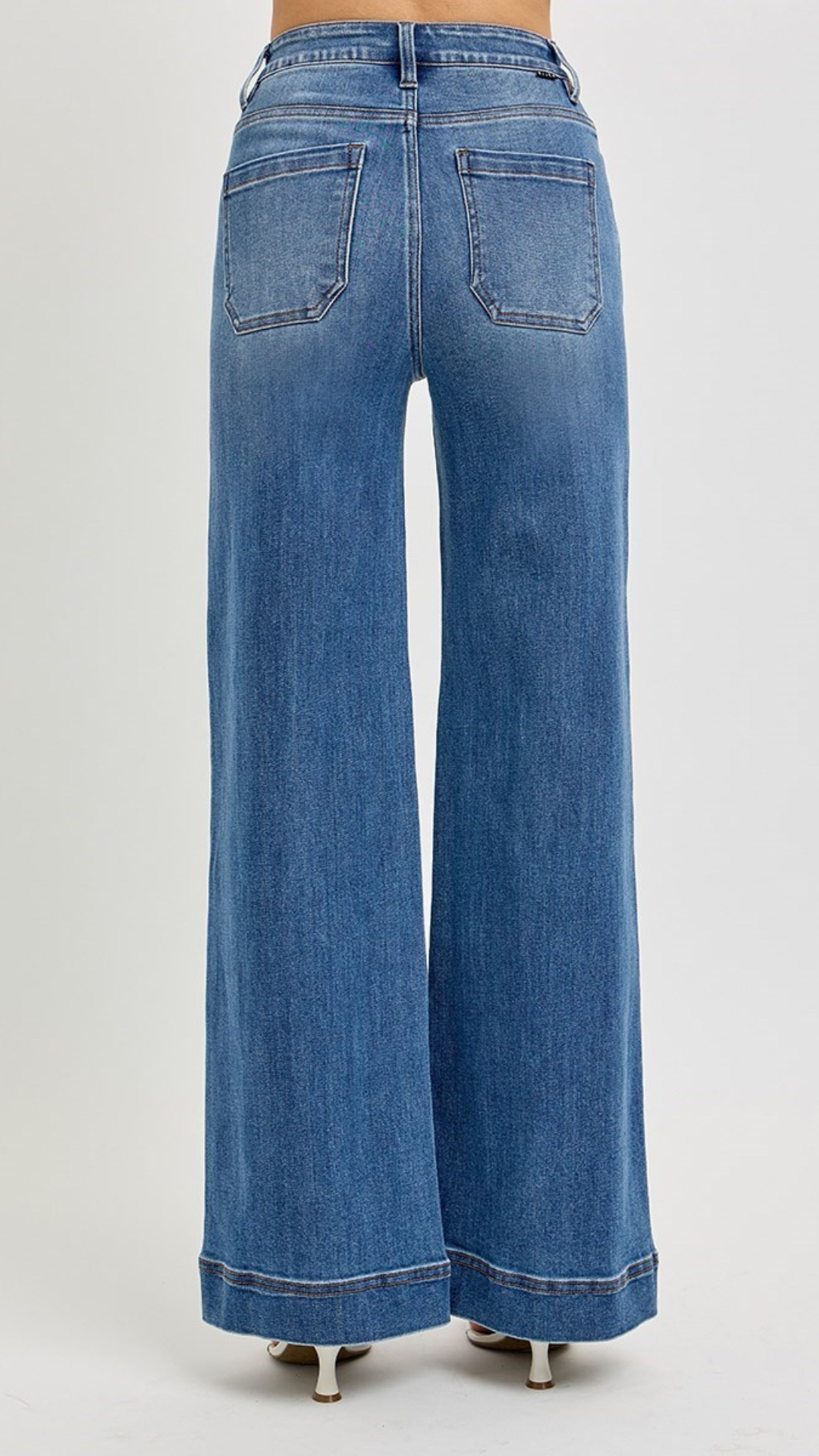 High Rise Tummy Control Medium Wash Wide Pintuck Leg Jeans
