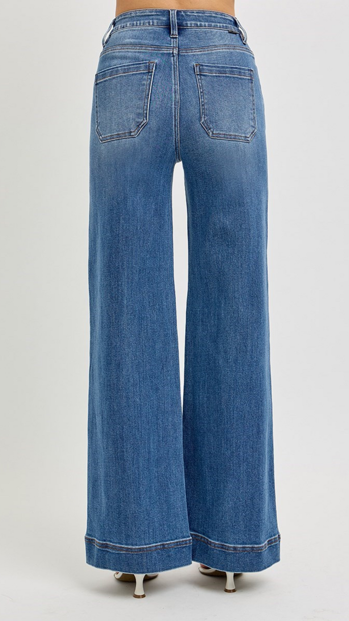 High Rise Tummy Control Medium Wash Wide Pintuck Leg Jeans