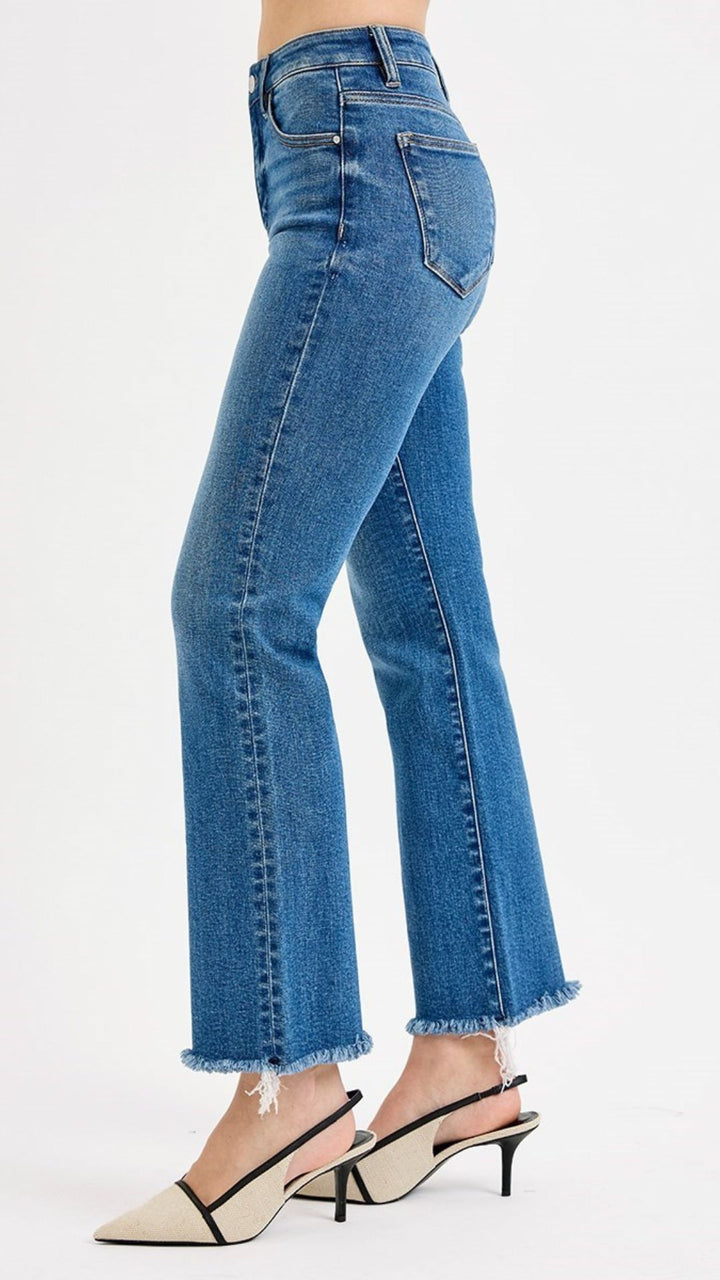 High Rise Tummy Control  Medium Wash Frayed Straight Jeans