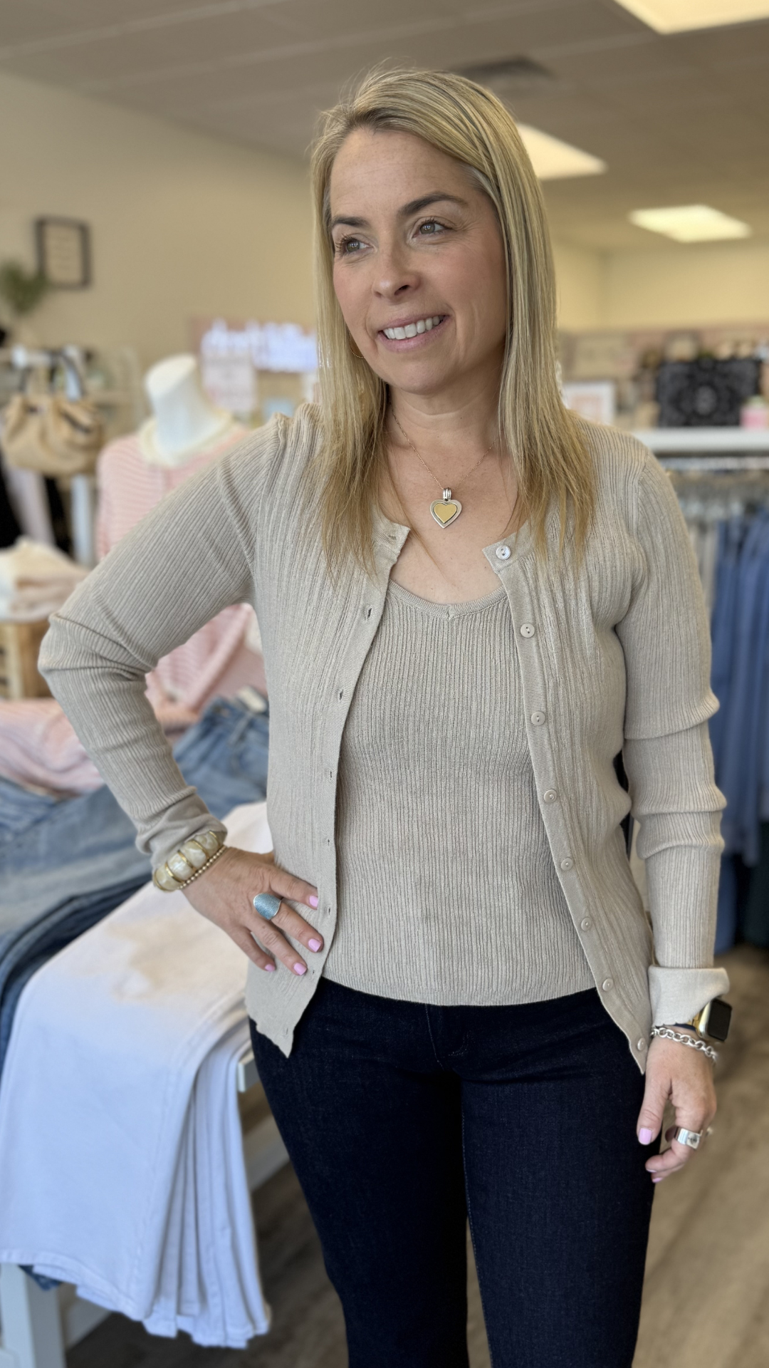 Taupe Ribbed Cardigan With Tank Set