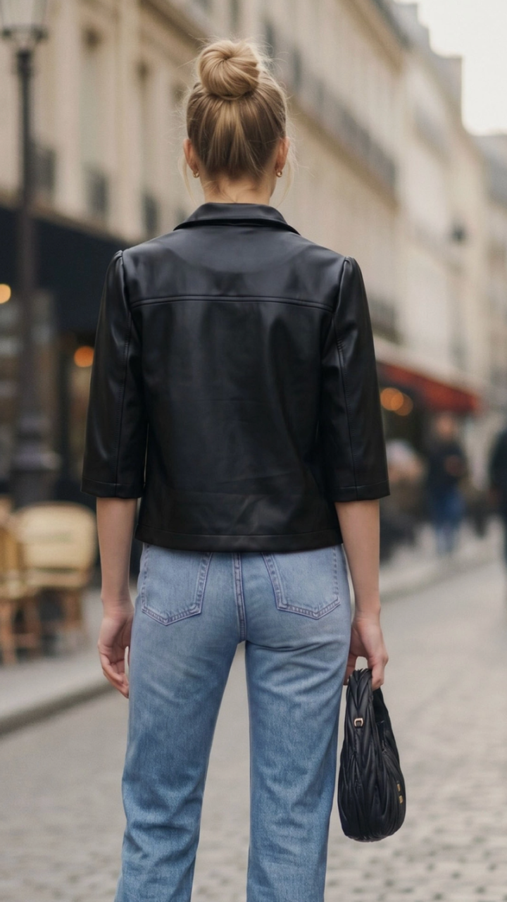 Black Faux Leather Short Sleeve Jacket