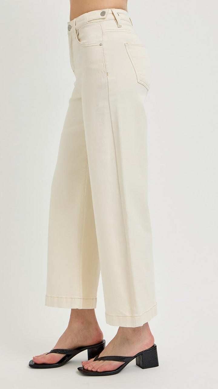 High Rise Ivory Tummy Control Crop Wide Adjustable Waistband Jeans