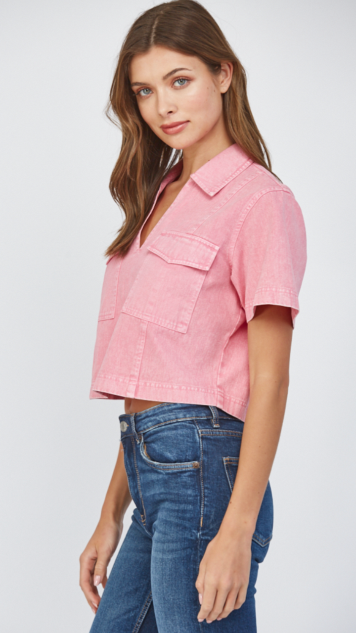 Pink Lapel Collar Denim Top