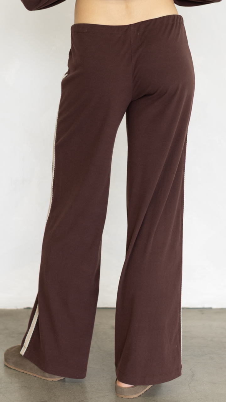 Chocolate Cardigan And Cream Side Stripe Knit Pants Set