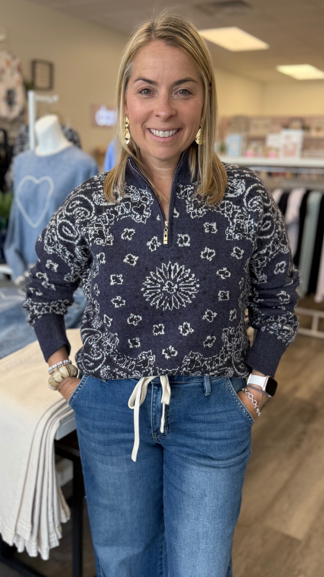 Paisley Jacquard Quarter Zip Sweater