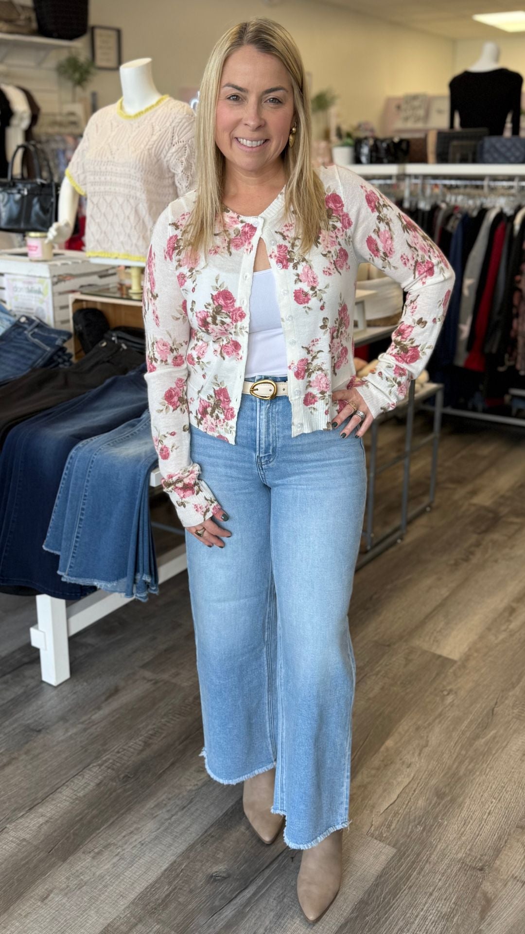 High Rise Light Wash Seamless Waistband Raw Hem Wide Leg Jeans