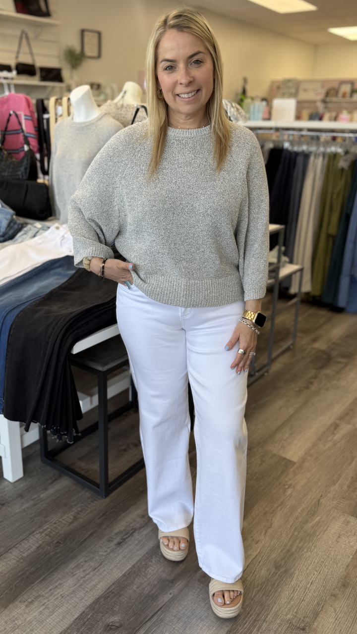 Salt And Pepper Round Neck Quarter Sleeve Knitted Top