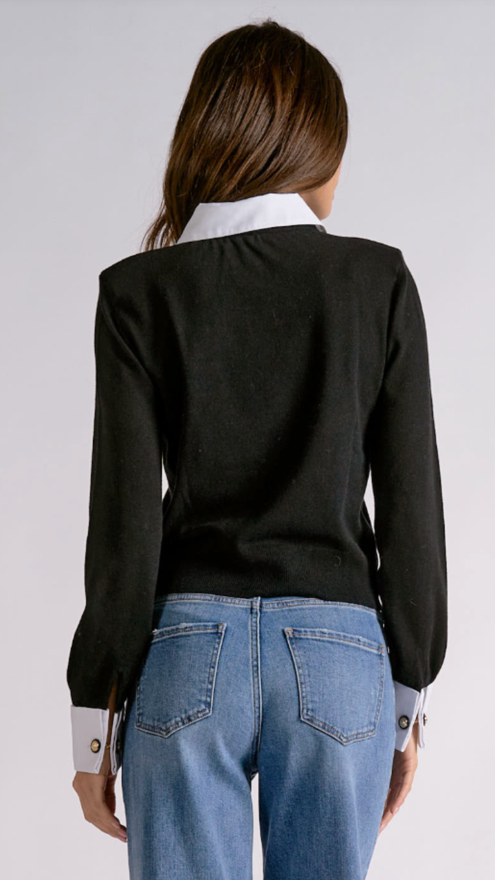 Black Sweater With Poplin Collar And Cuff Detail