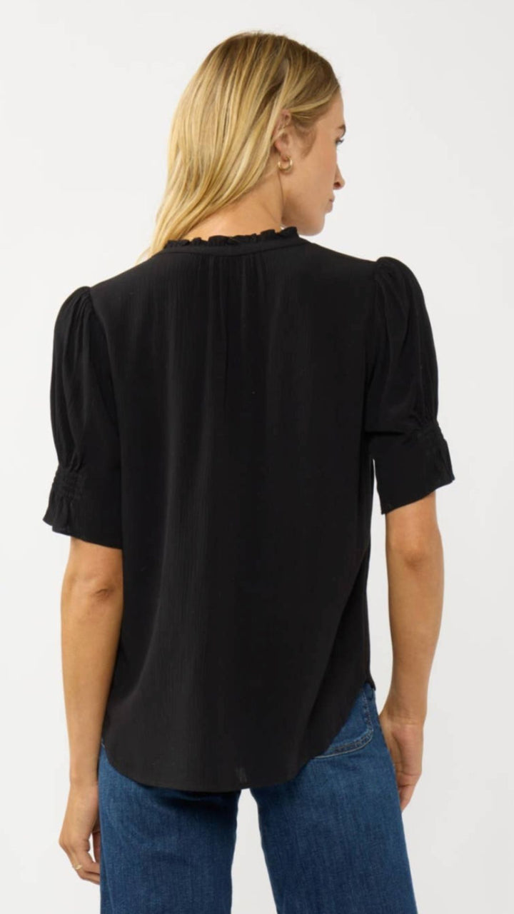 Short Puff Sleeve Crinkled Button Top