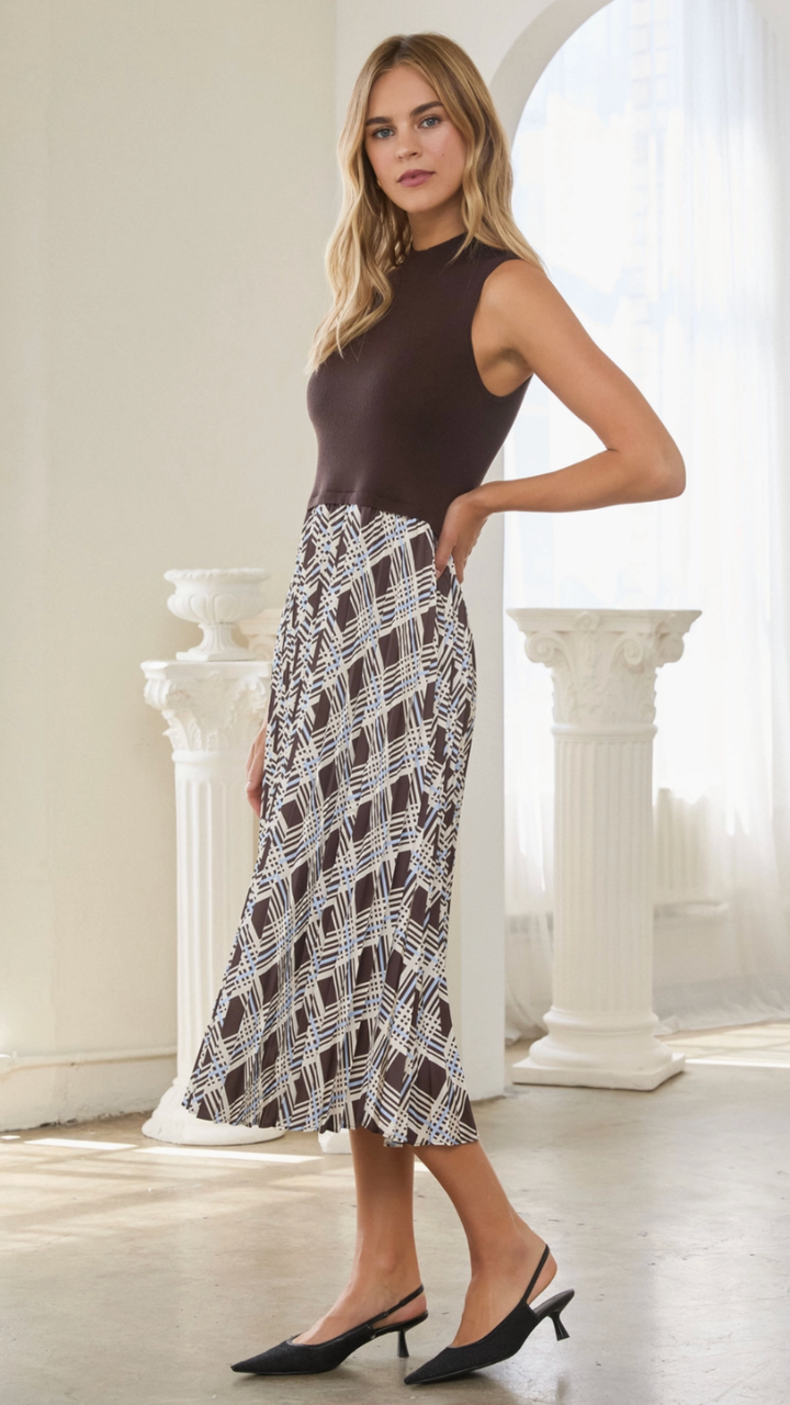 Brown and Blue Plaid Sleeveless Knit Dress