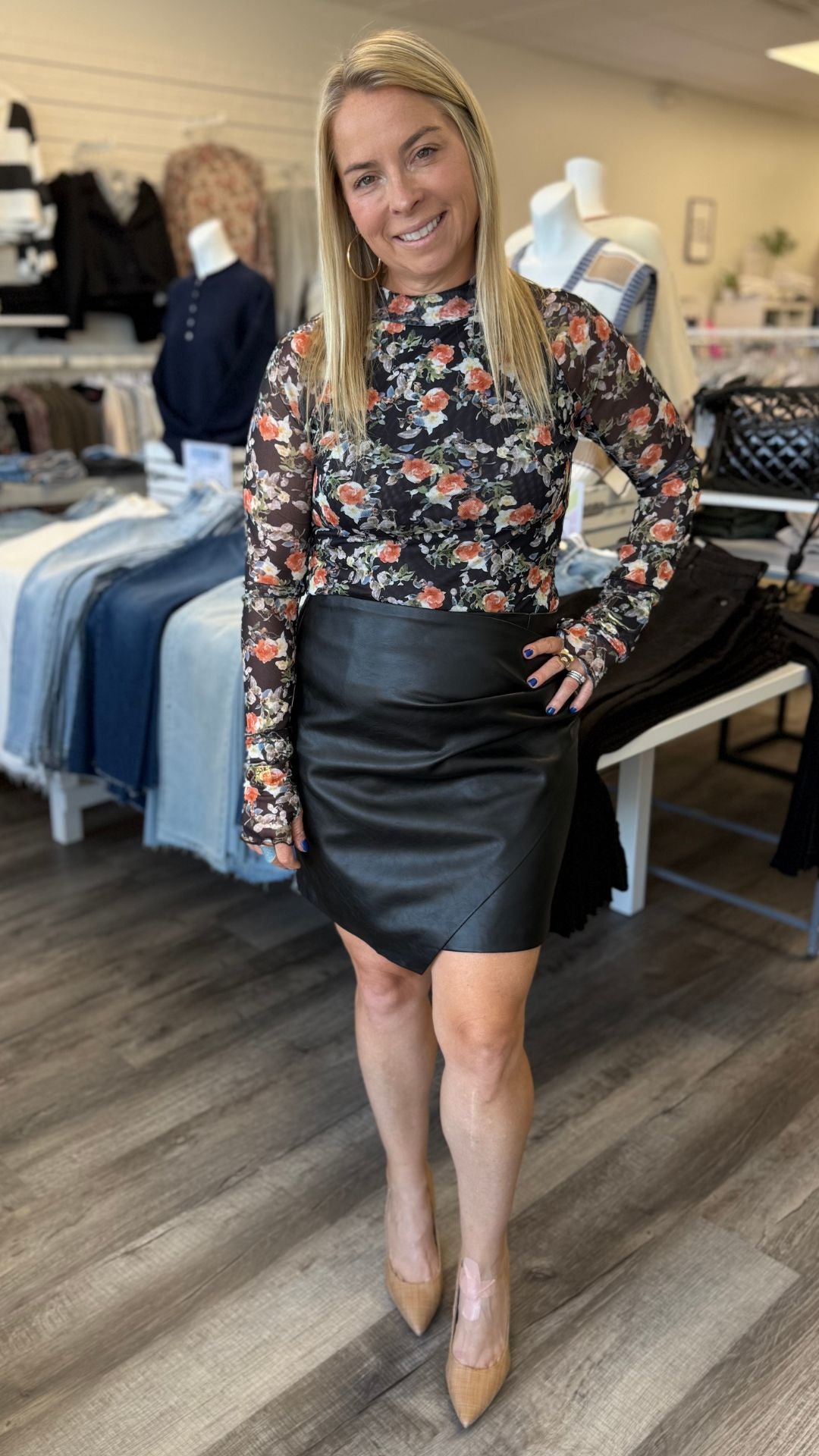 Black Floral Mesh Mock Neck Thumbhole Raglan Top