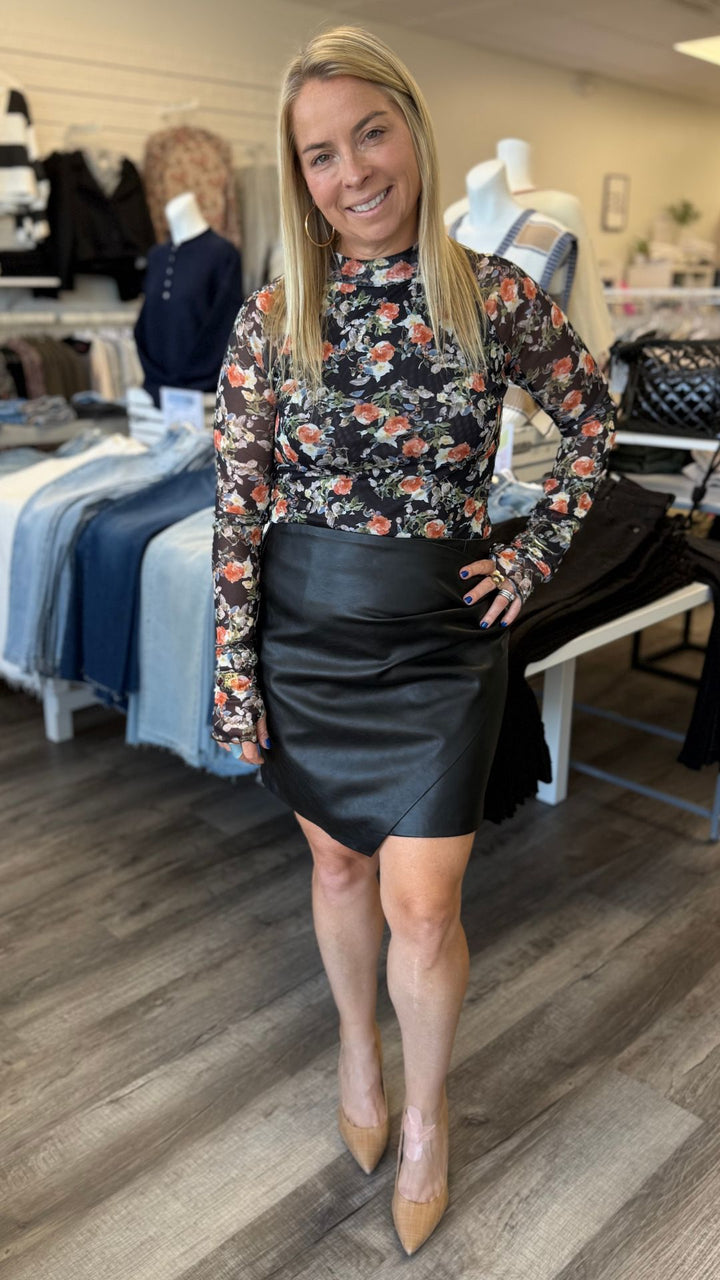 Black Floral Mesh Mock Neck Thumbhole Raglan Top