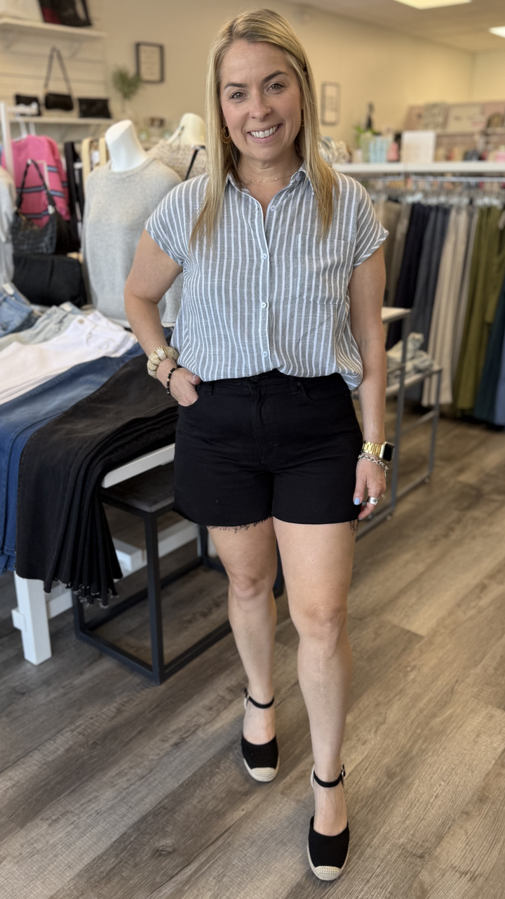 High Rise Black Side Slit Mom Shorts
