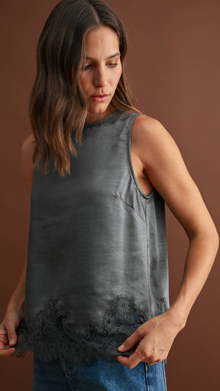 Charcoal Lace Hem Sleeveless Satin Tank