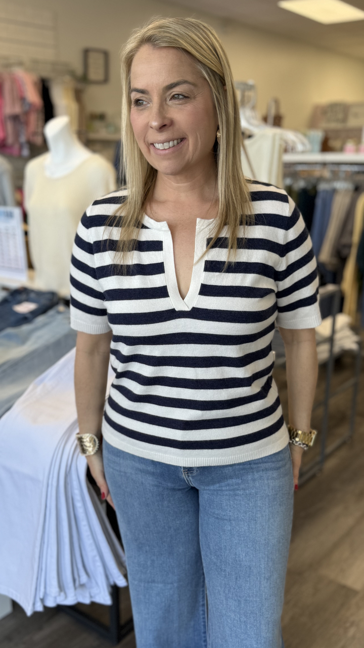 Cream And Navy Stripe Polo Top