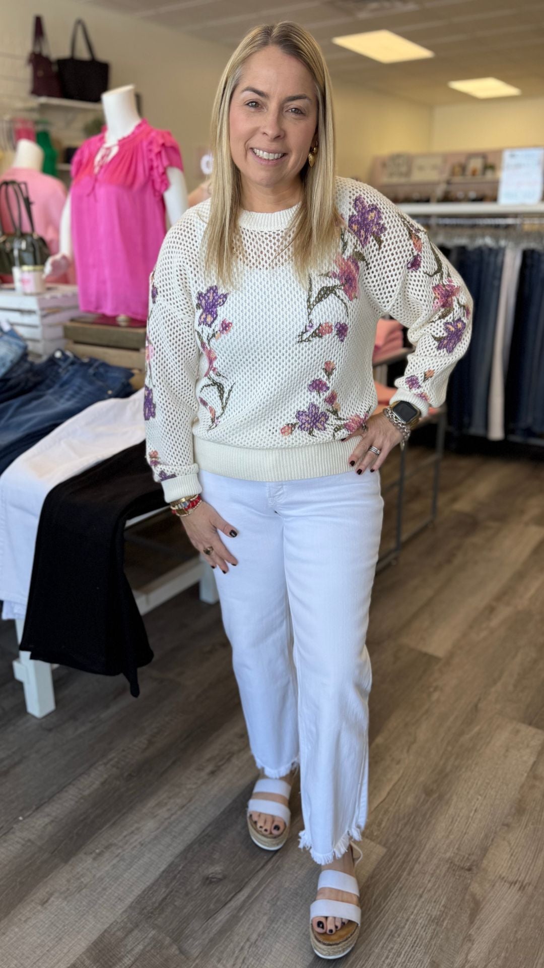 Floral Print Open Knit Sweater