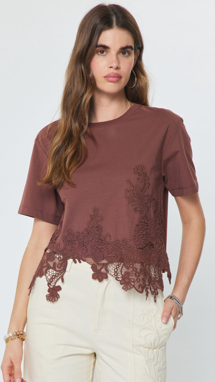 Brown Asymmetric Lace Hem Top
