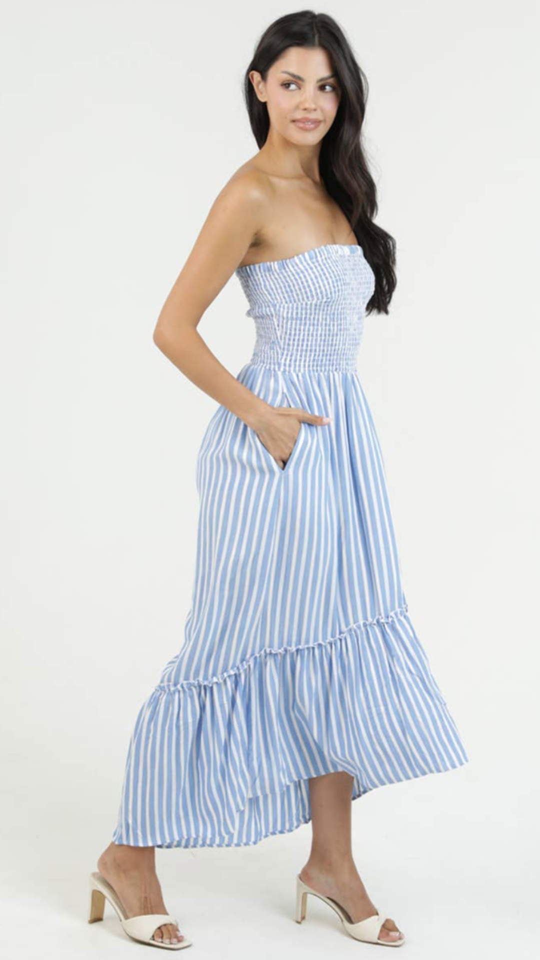 Striped Smocked Bodice Strapless Maxi Dress