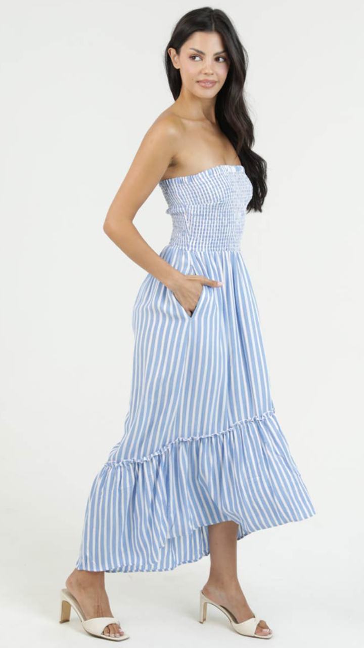 Striped Smocked Bodice Strapless Maxi Dress