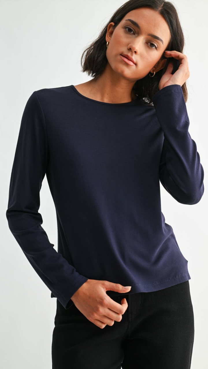 Navy Round Neck Long Sleeve Top