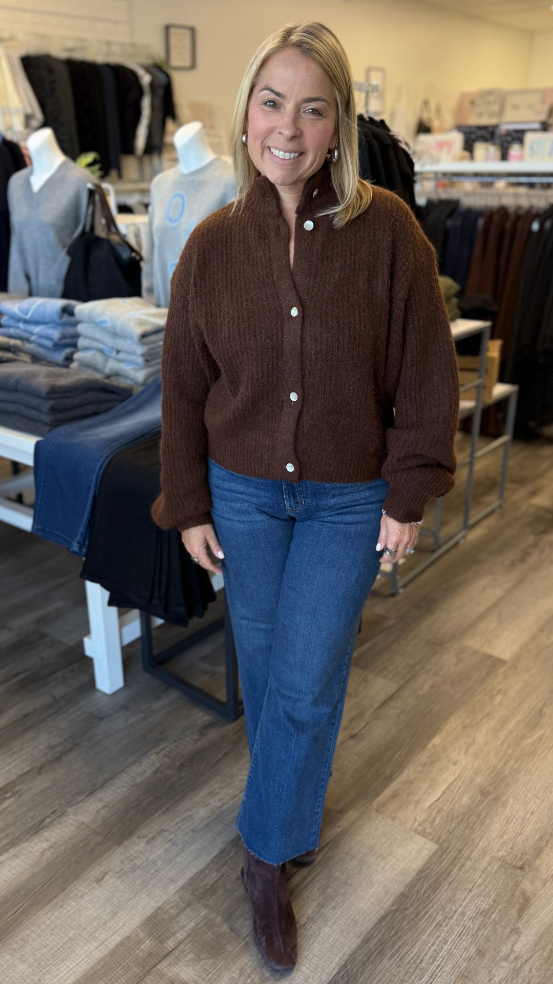 Brown Balloon Sleeve Soft Cardigan