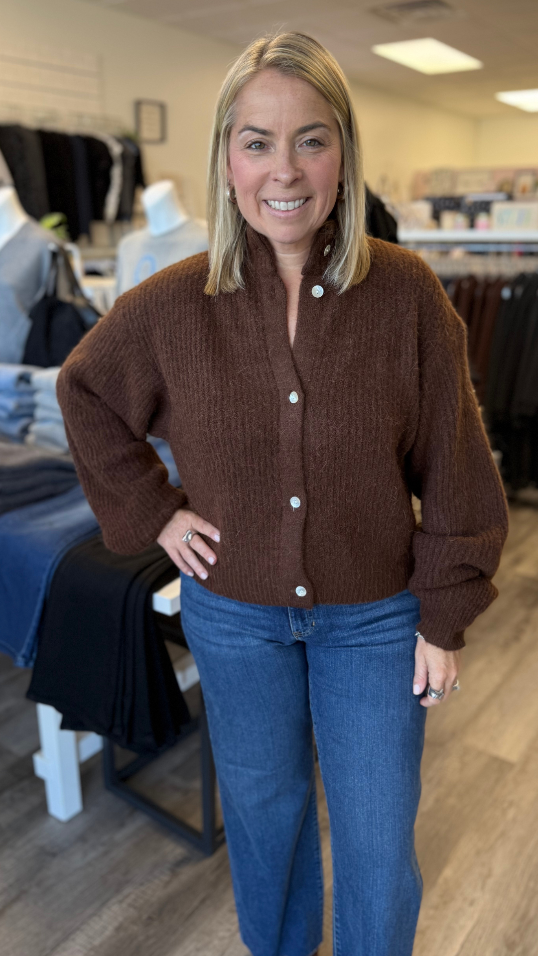 Brown Balloon Sleeve Soft Cardigan