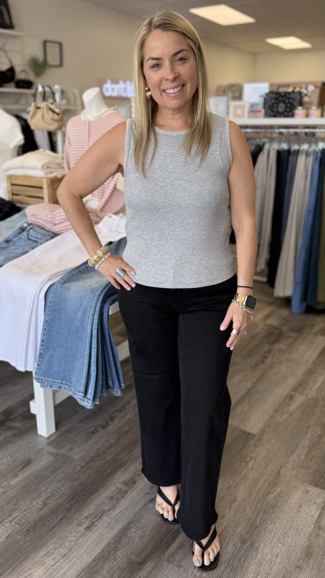 Grey Ribbed Knit Tank With Stitch Detail