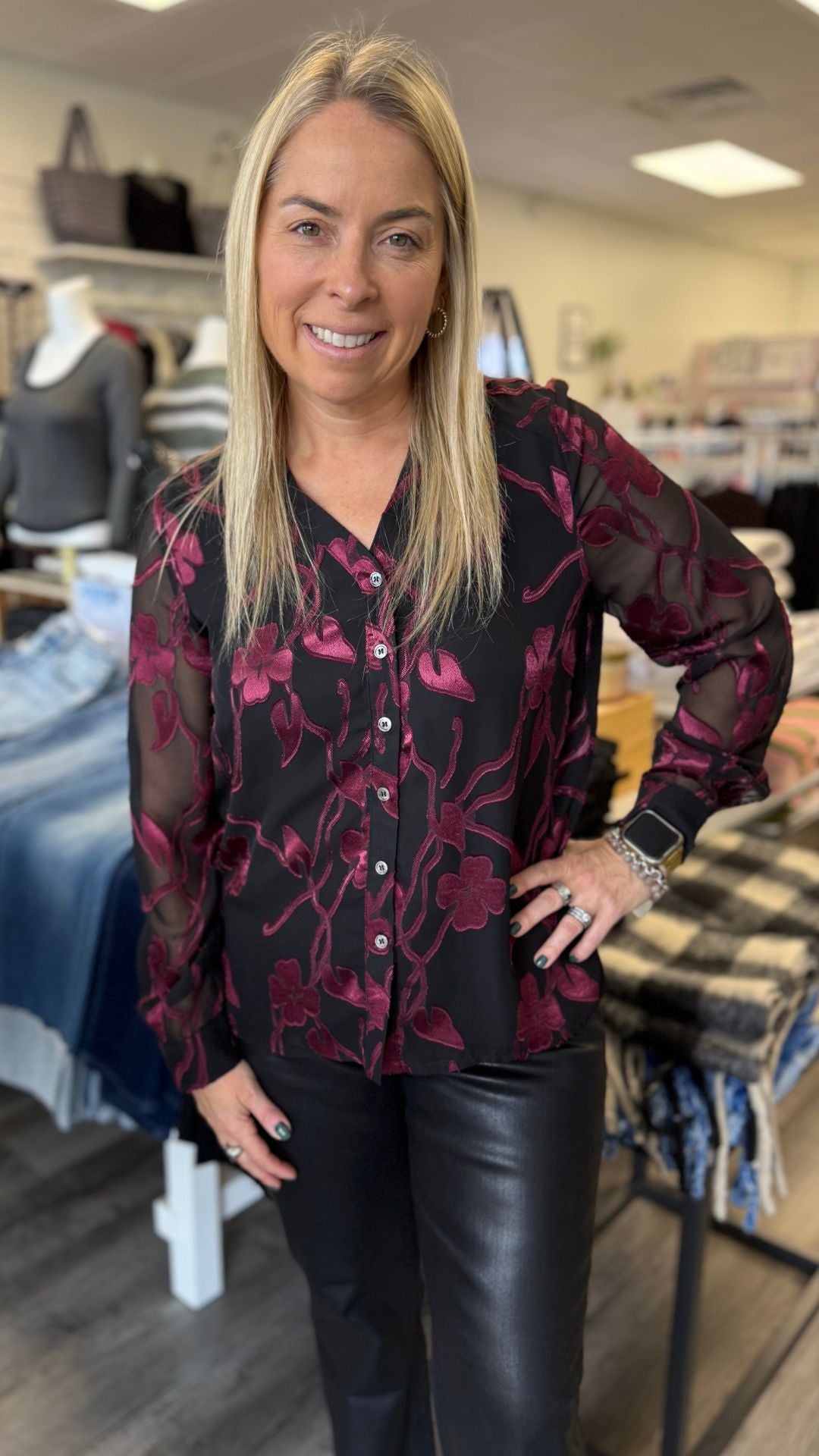 Floral Jacquard Blouse With Sheer Sleeves