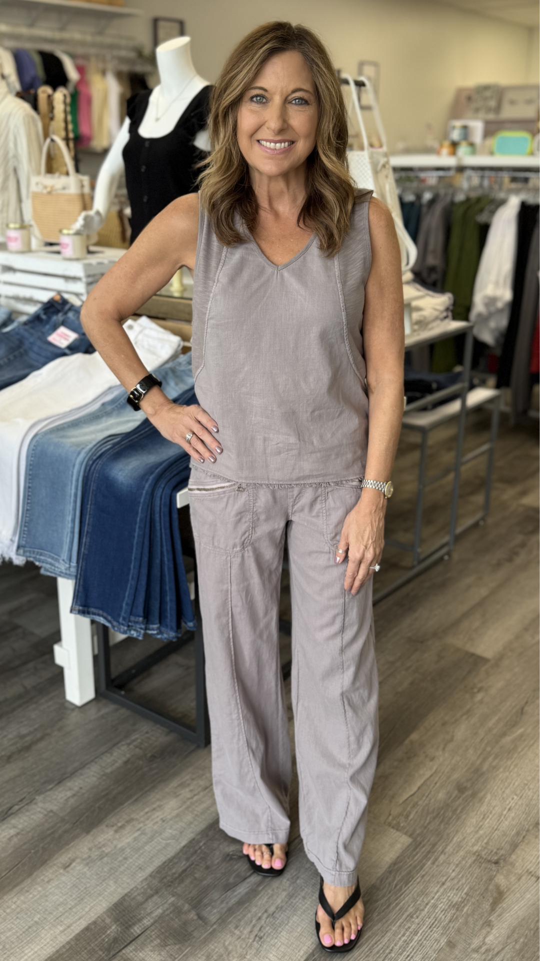 Poppy Seed Mazie Linen Jersey V Neck Tank
