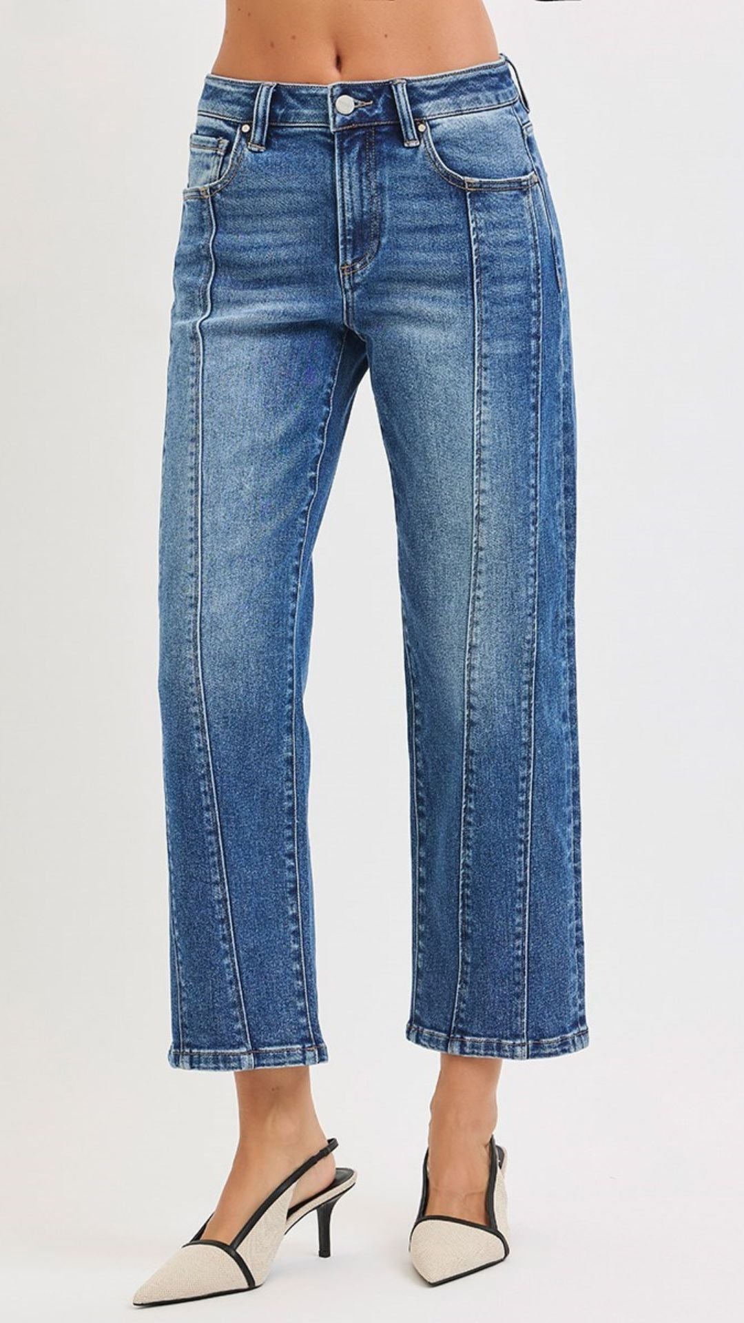 High Rise Medium Wash Seam Detail Crop Straight Jeans