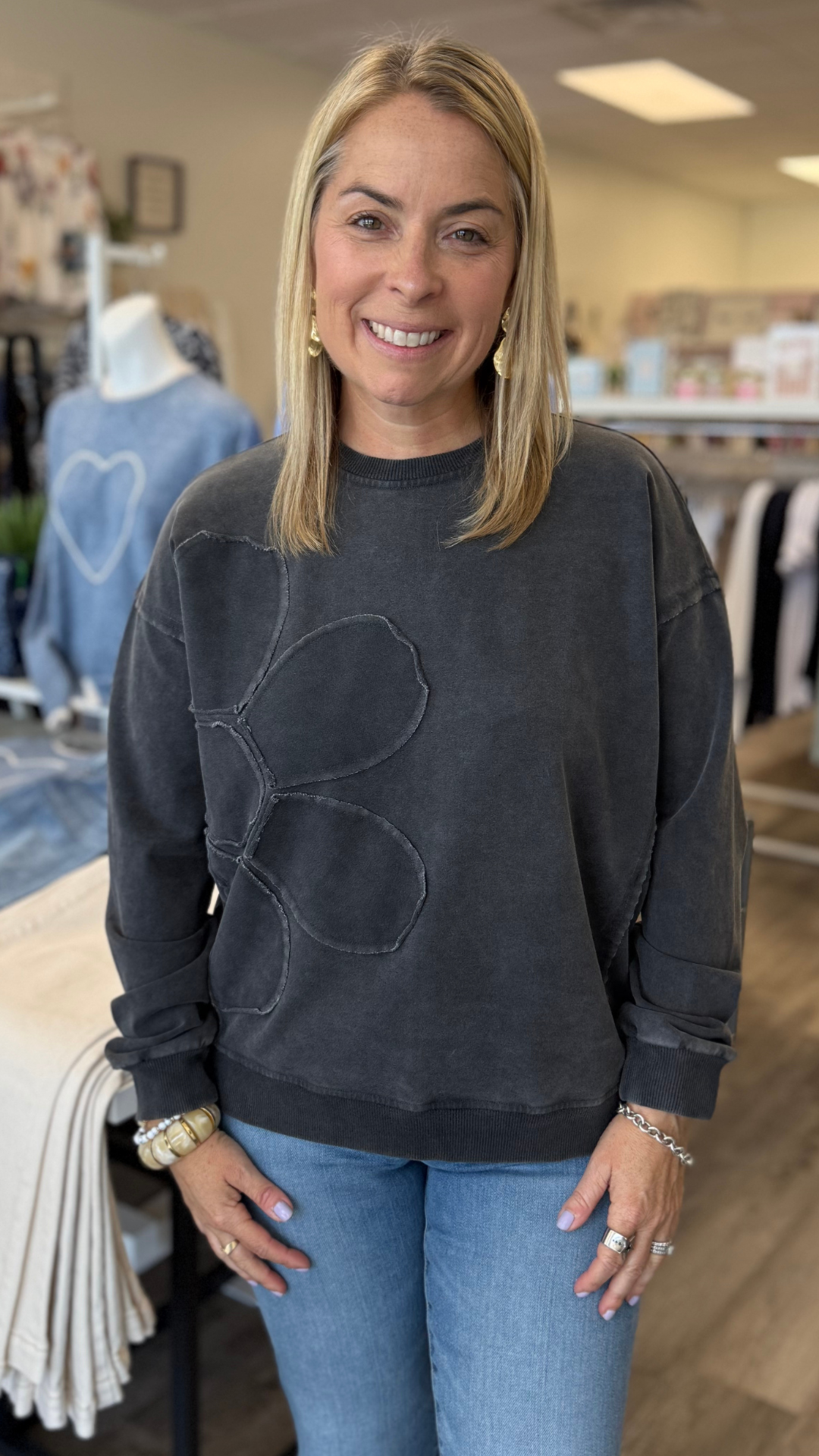 Charcoal Flower Appliqué Long Sleeve Top