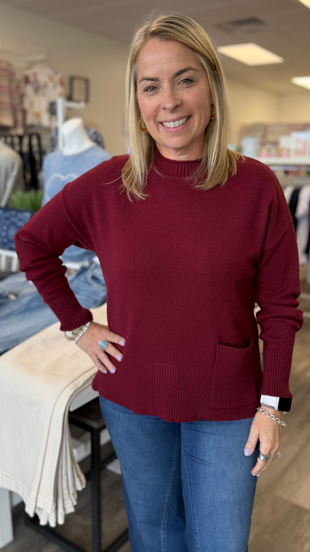 Merlot Patch Pocket Crew Neck Sweater