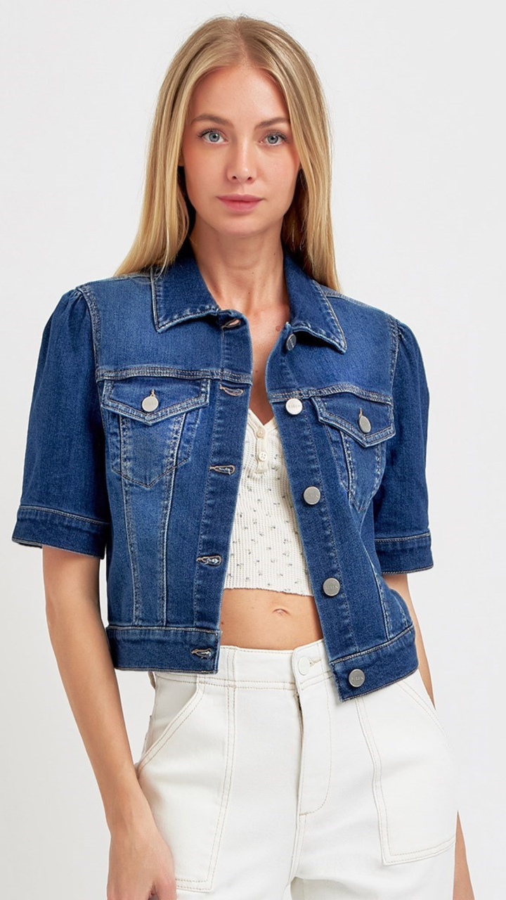 Puffed Short Sleeve Dark Denim Crop Jacket