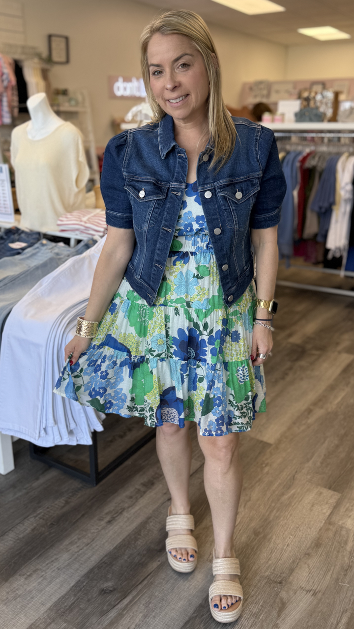 Puffed Short Sleeve Dark Denim Crop Jacket