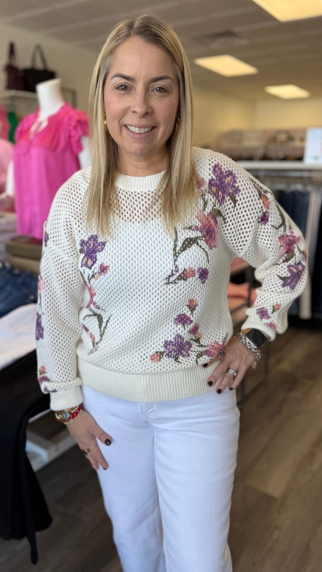 Floral Print Open Knit Sweater