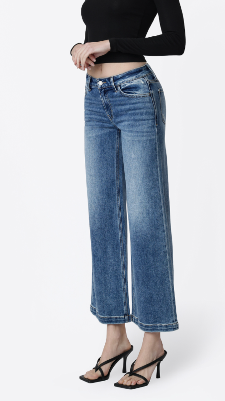 Mid Rise Medium Wash Ankle Wide Leg Jeans