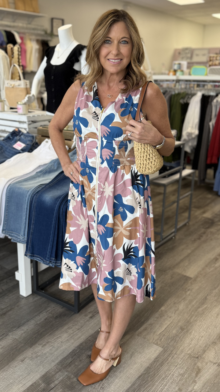 Floral Cotton Voile Printed Front Zip Knee Length Dress