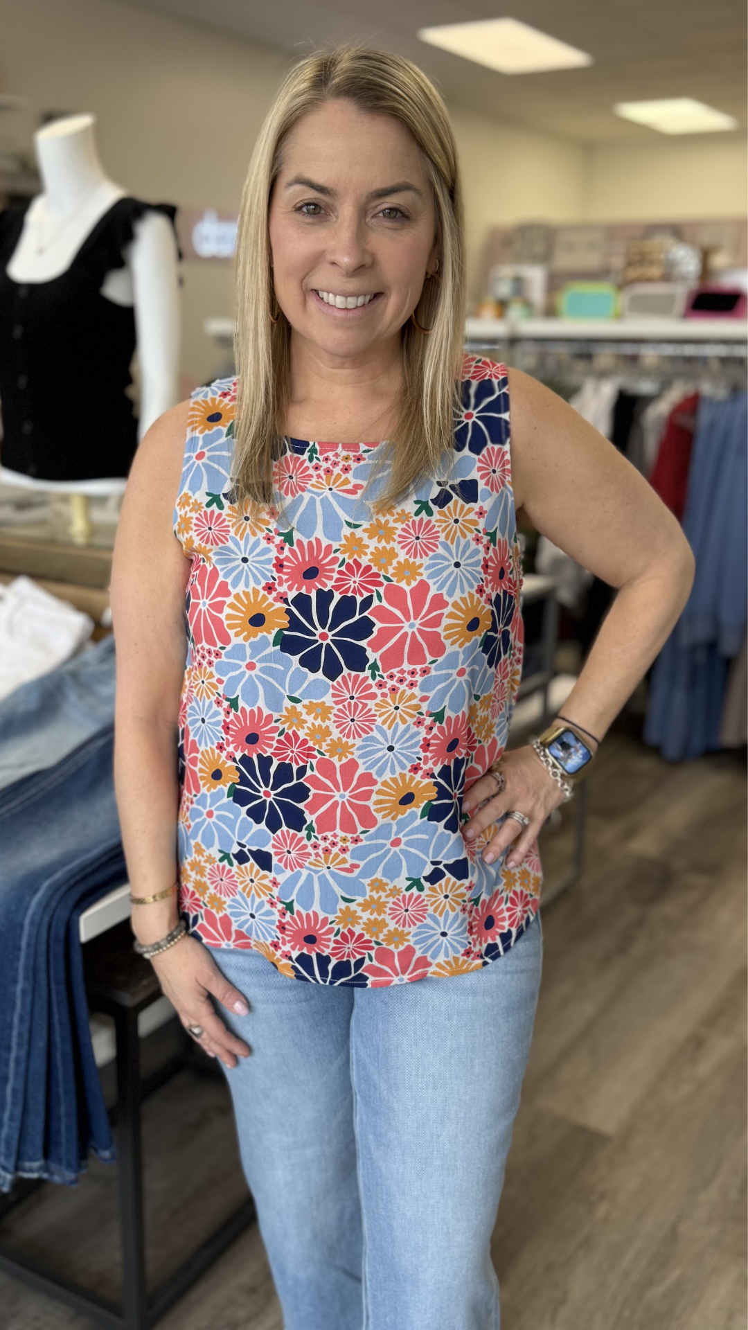 Floral Sleeveless Top With Back Keyhole