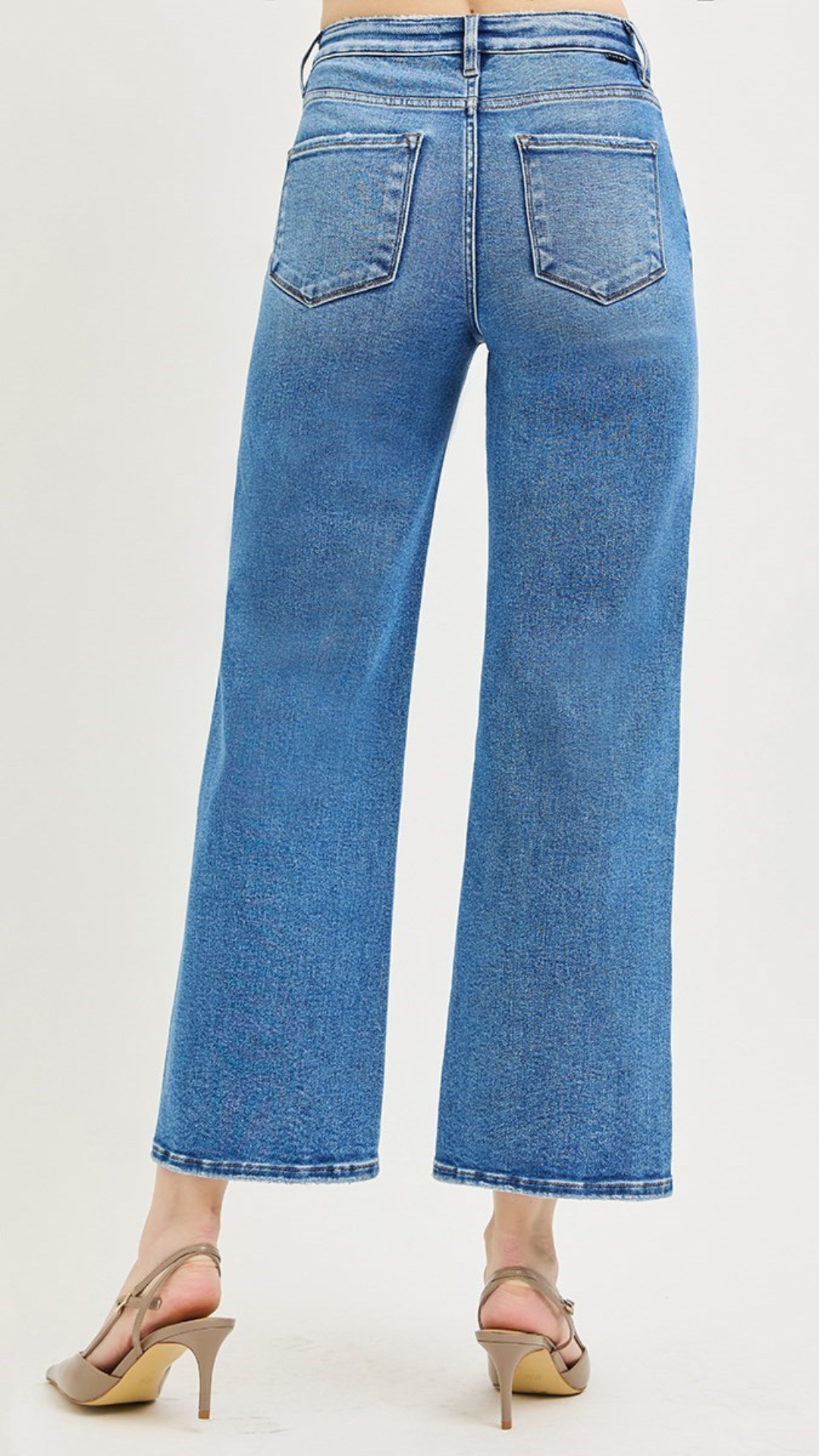High Rise Medium Wash Tummy Control Crop Wide Leg Jeans