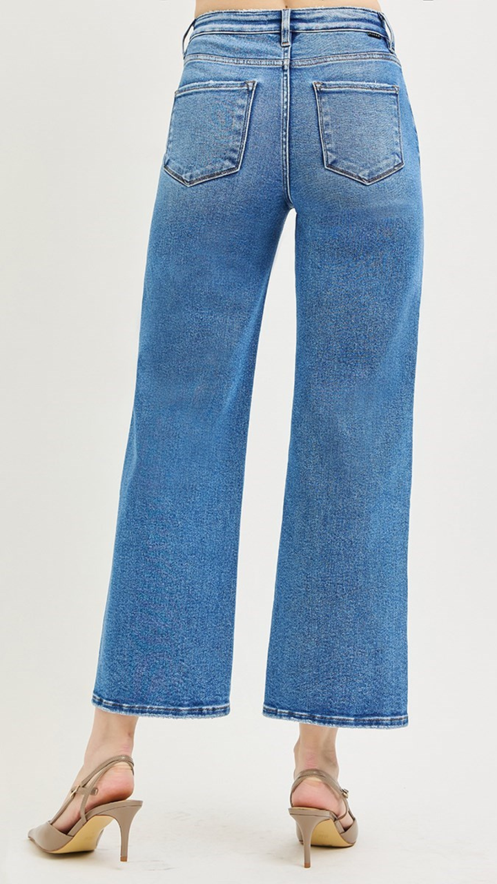 High Rise Medium Wash Tummy Control Crop Wide Leg Jeans