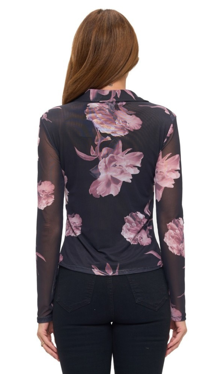 Pink Floral Collared Mesh Top