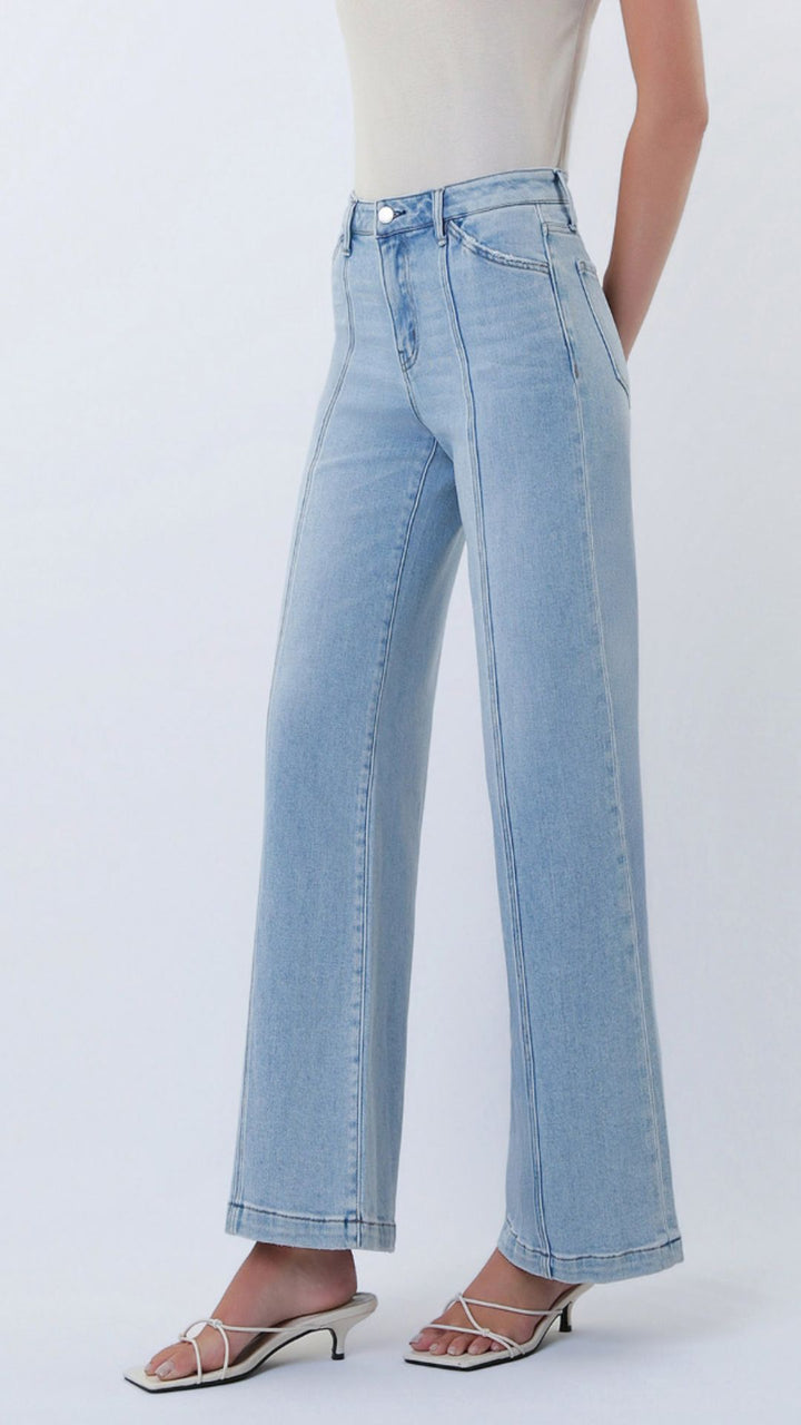 High Rise Light Wash Full Length Cut Seam Detail Wide Jeans