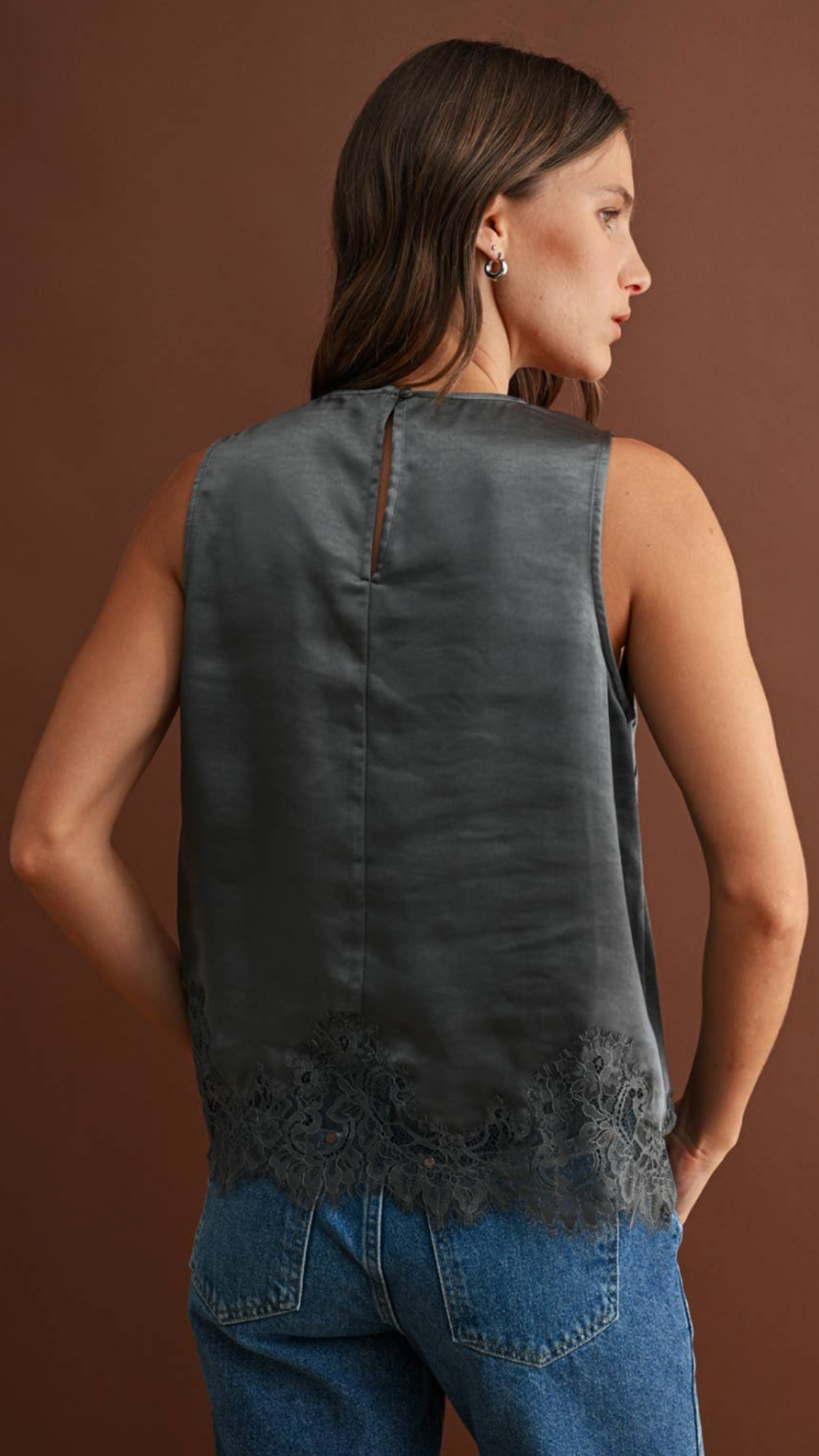 Charcoal Lace Hem Sleeveless Satin Tank