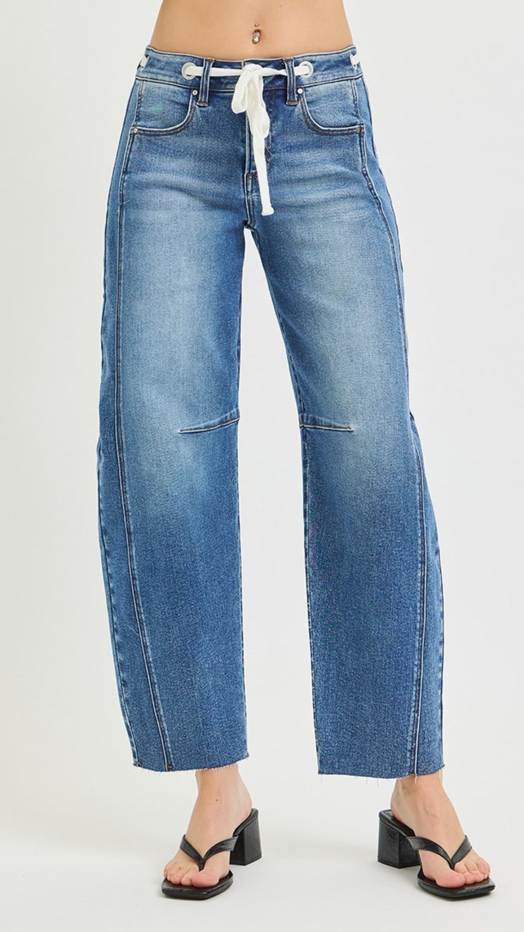 High Rise Medium Wash Slouchy Barrel Jeans With Drawstring And Eyelet Detail