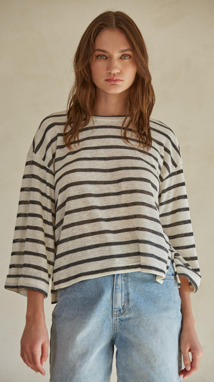 Striped Round Neck Quarter Sleeve Pullover Top