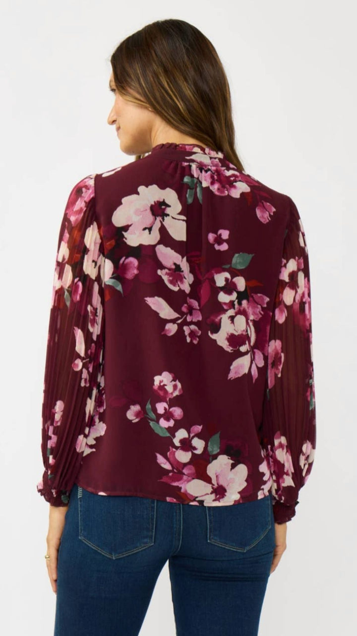 Pleated Sleeve Floral Button Blouse