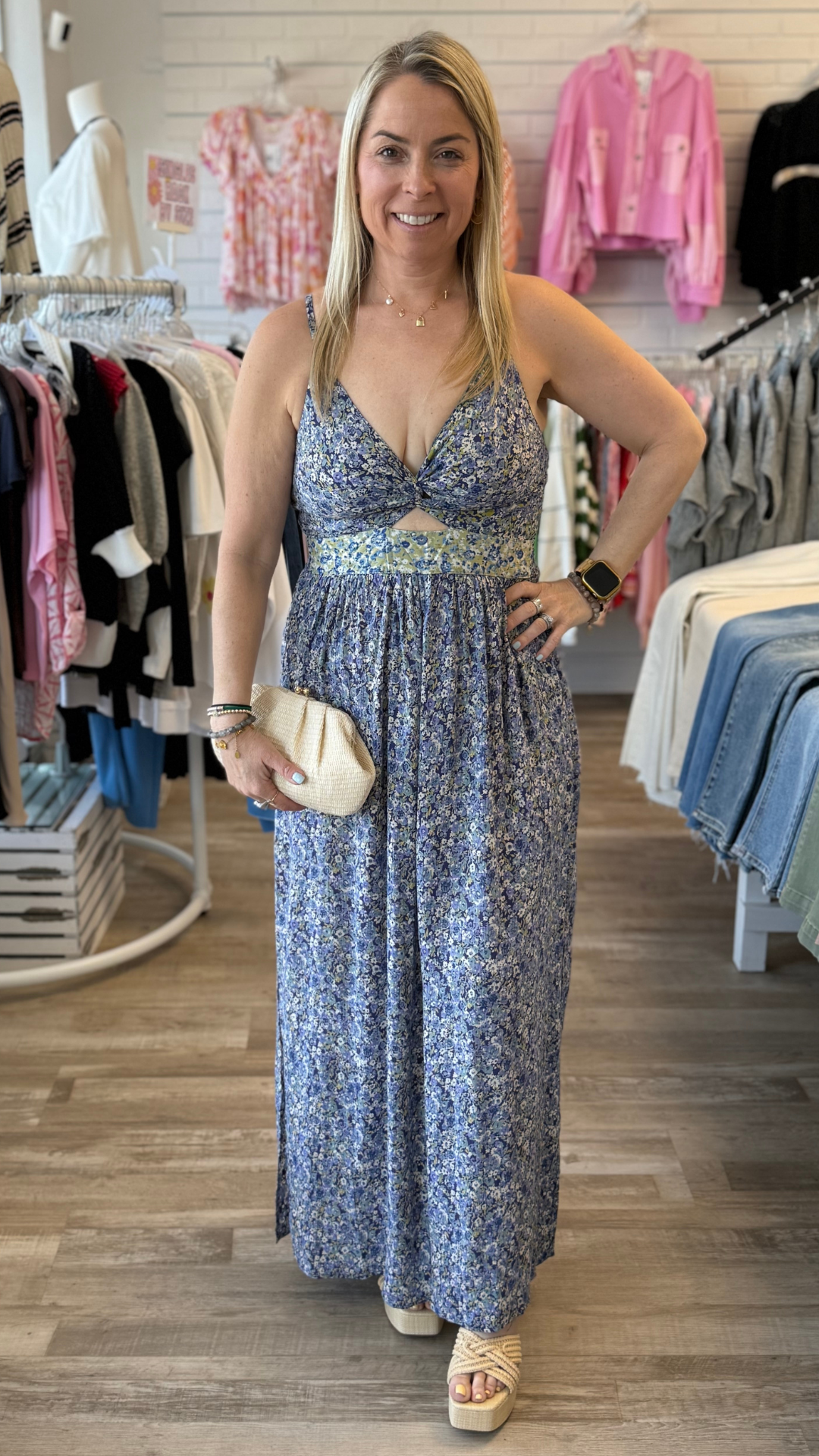 Blue Green V Neck Twist Front Cut Out Maxi Dress