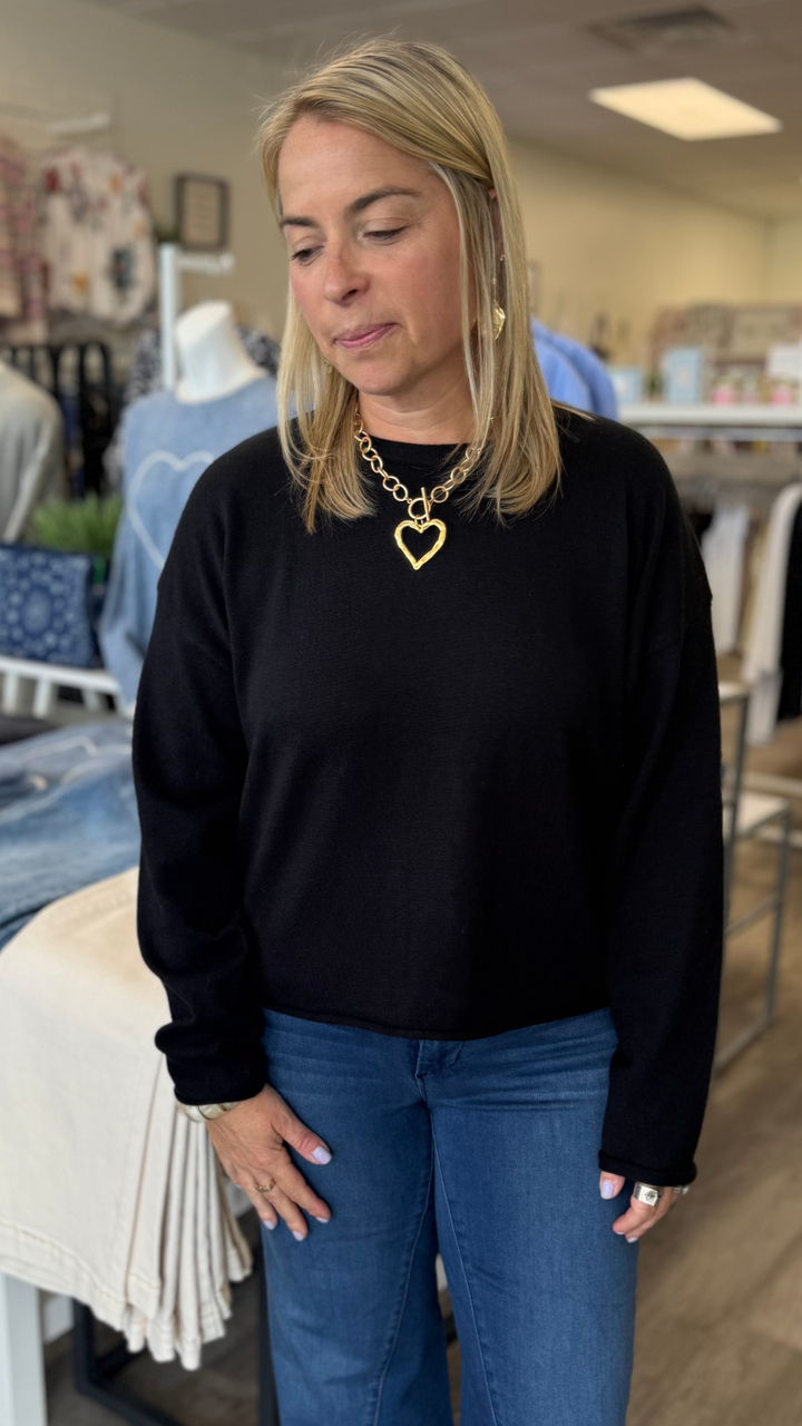 Black Essential Short Sleeve Rolling Hem Top